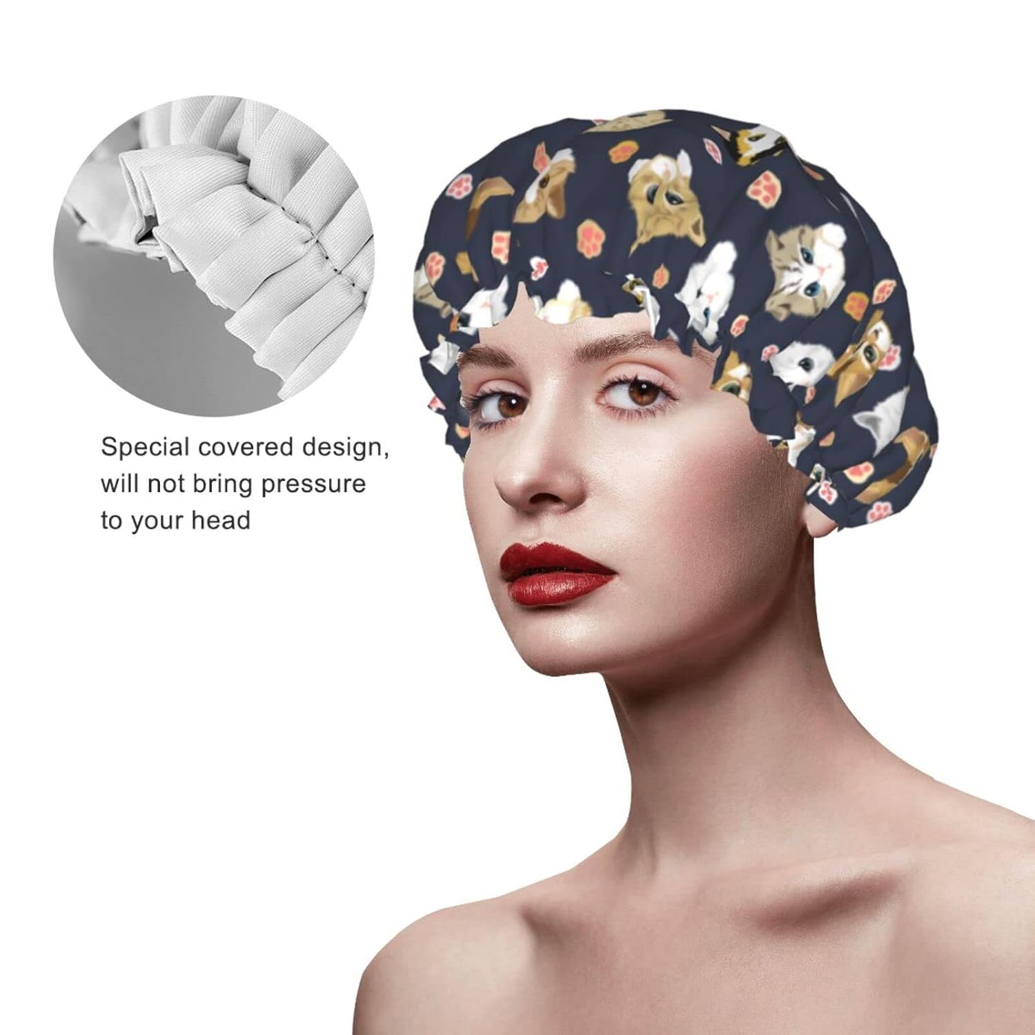 Gorro de ducha con diseño de pata de gato para mujer, gorro de ducha reutilizable e impermeable, doble capa con forro de Peva y banda elástica para