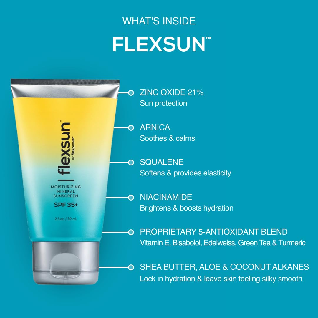 FlexSun – Protector solar mineral hidratante, 2 onzas, amplio espectro SPF 35  óxido de zinc 21%  Protector solar 100% seguro para arrecifes con