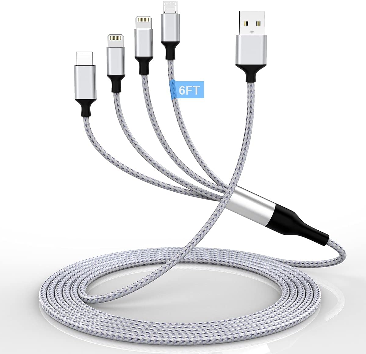 Cable de carga para iPhone de 5.9 ft6 pies Multi 4 en 1 USB Universal Cable de carga rápida Cable de carga múltiple Lightningx2+Tipo C+Micro USB