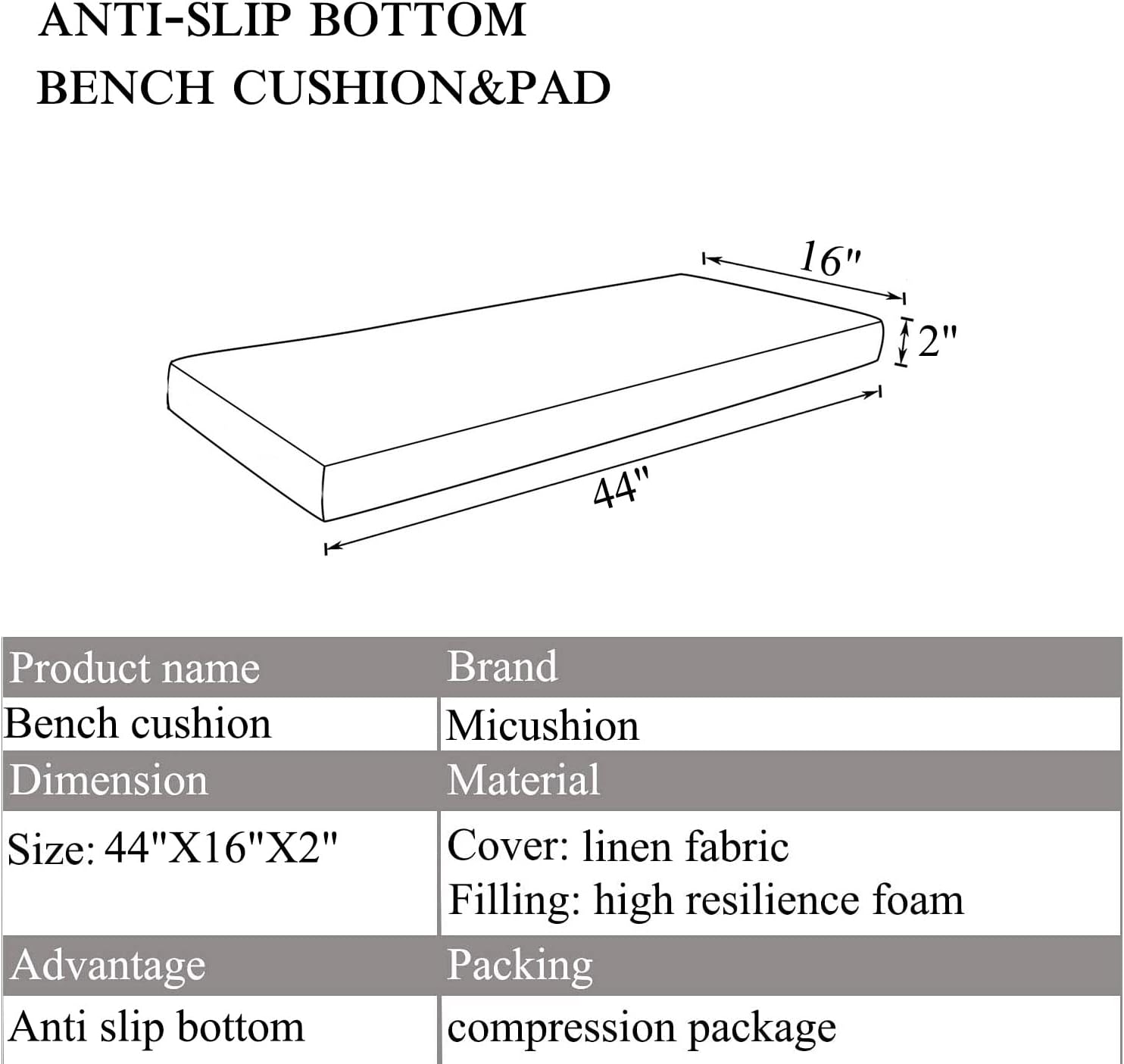 Cojines de banco para muebles de interior, espuma antideslizante para silla de cocina, comedor, cojín de asiento con cremallera de 44 x 16 pulgadas,