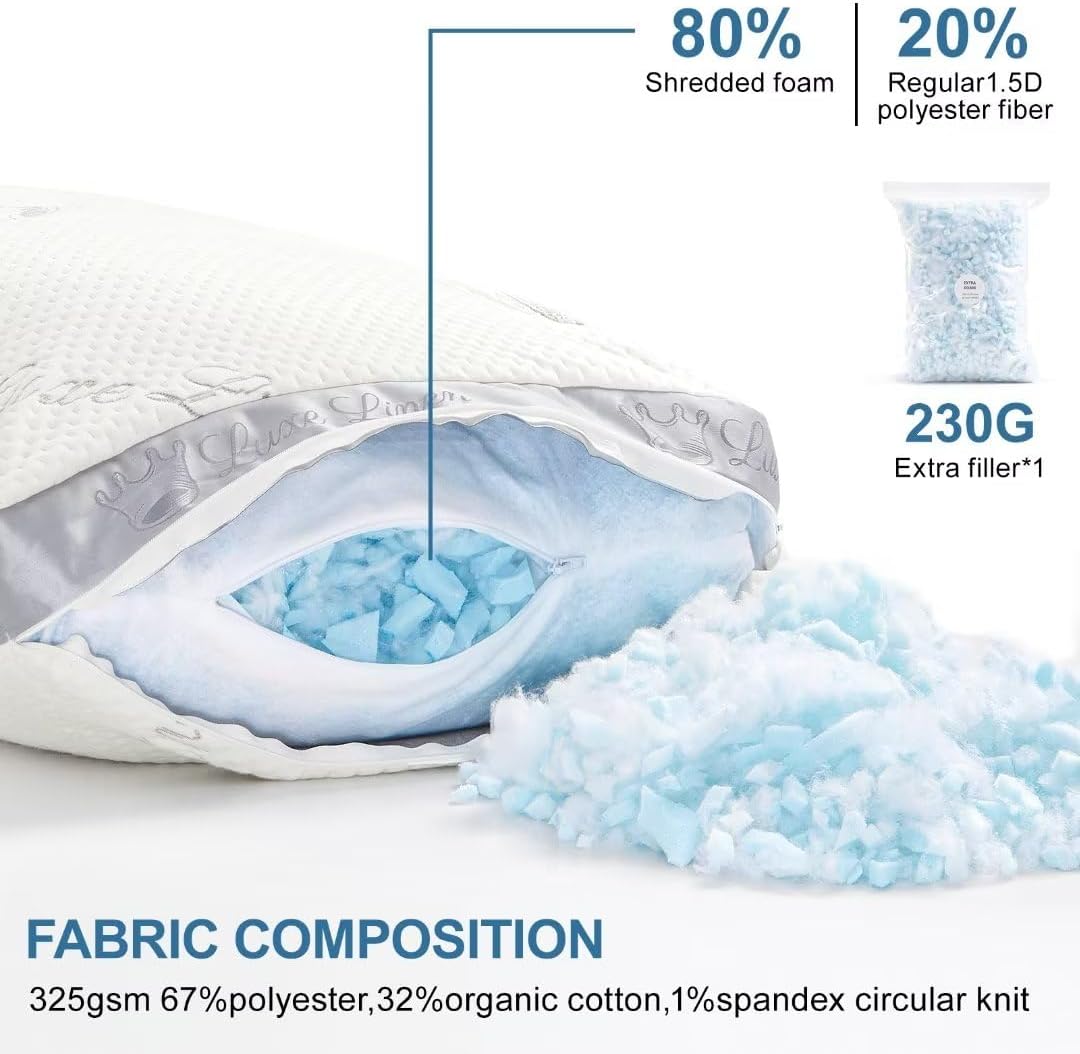 Almohadas tamaño King, almohadas de espuma viscoelástica trituradas, almohada de cama ajustable para dormir, almohadas de cama de algodón orgánico