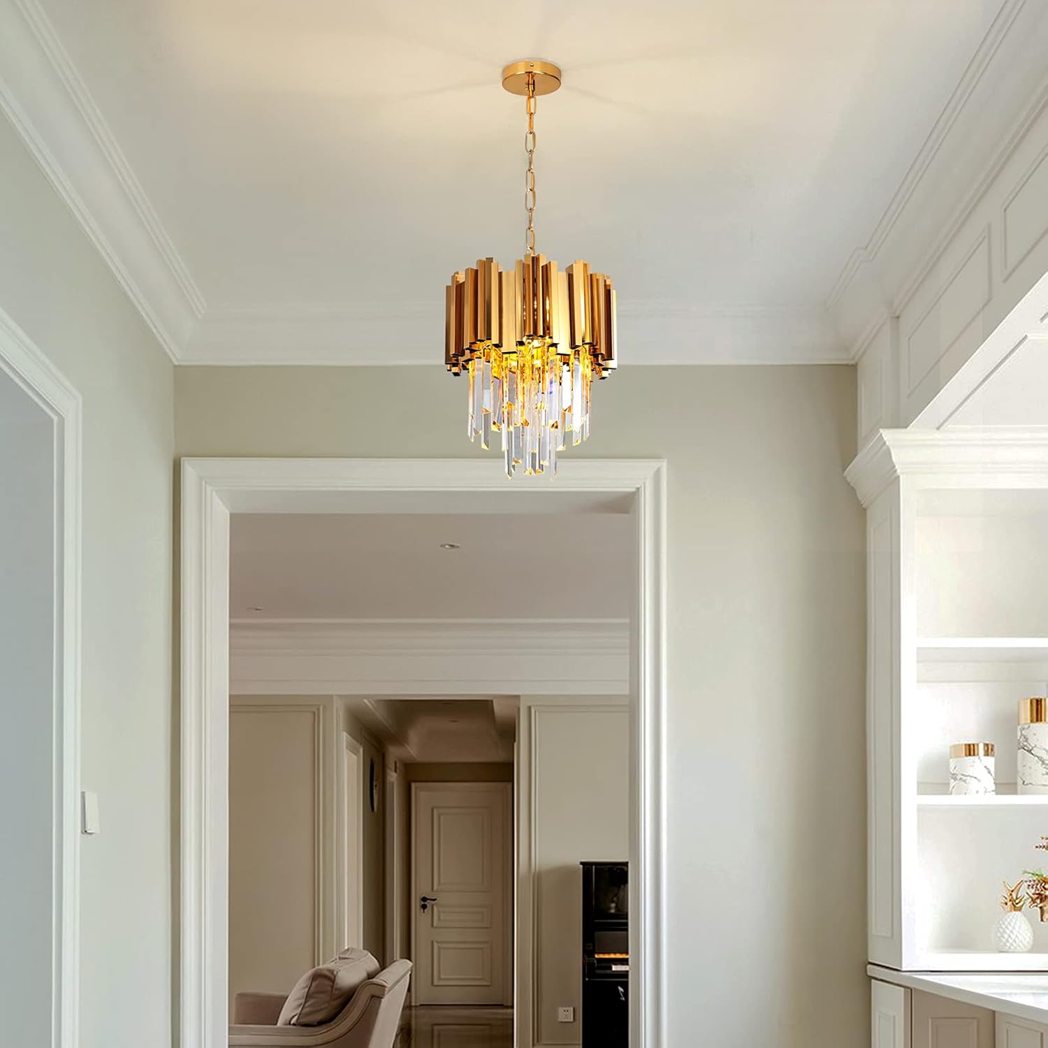 Candelabro de cristal moderno de 3 luces, luz colgante de cristal de lujo en oro, lámpara colgante redonda de cristal contemporáneo para sala de