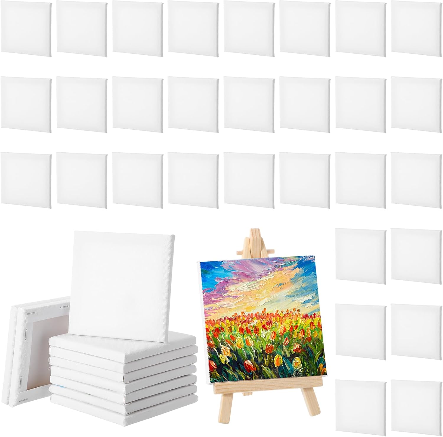 Yeaqee 50 Pcs Mini Painting Canvases Stretched Canvases Panels Square Blank White Small Canvas Boards for Oil, Acrylic Watercolor Paint Painting