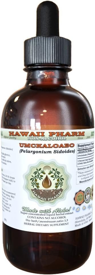 Hawaii Pharm Umckaloabo Extracto líquido sin alcohol, Umckaloabo (pelargonium Sidoides) Suplemento herbario de glicerito de raíz seca, 2 onzas