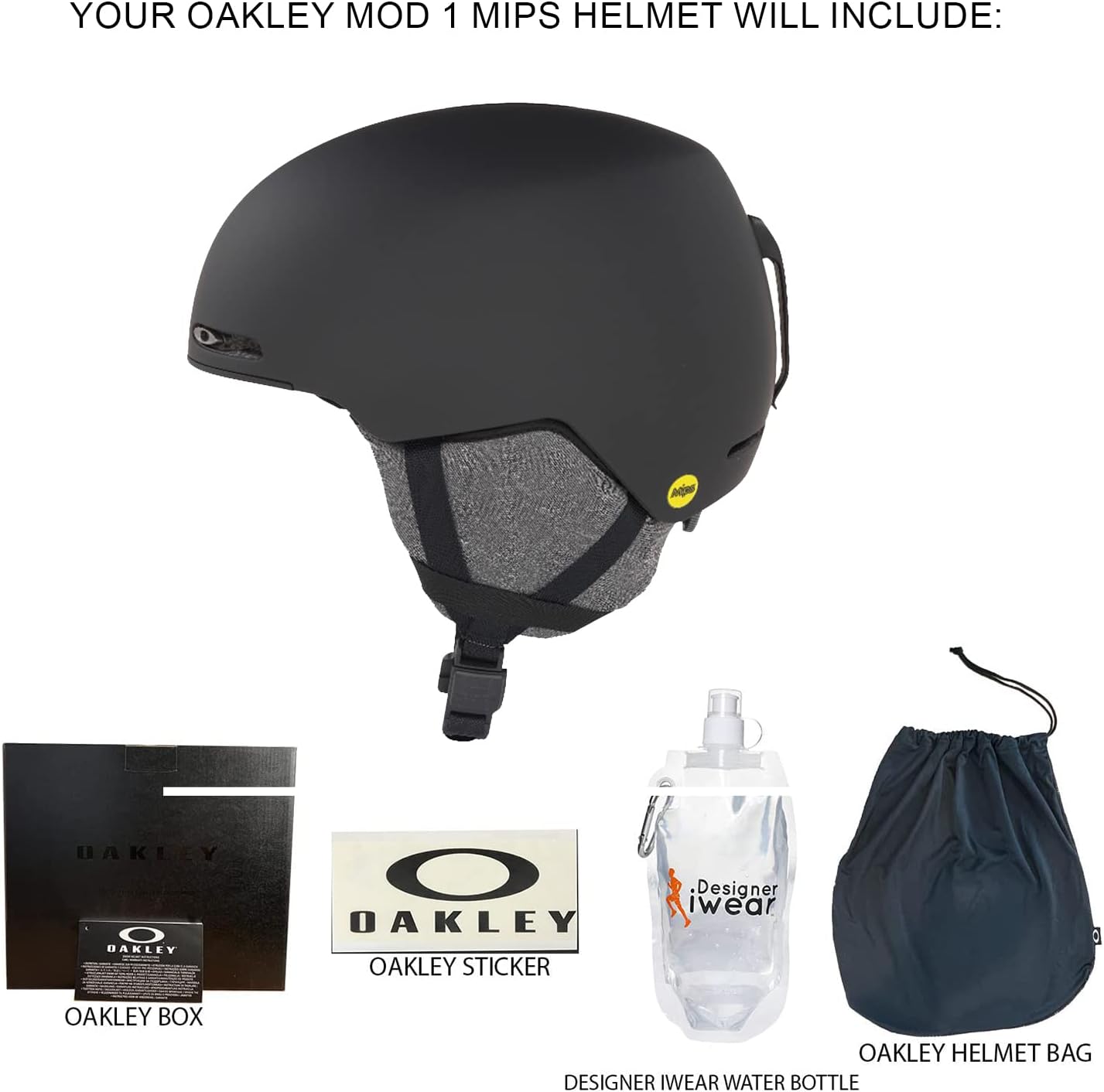 Oakley MOD1 MIPS – Casco de esquí y snowboard para hombres y mujeres + paquete con botella de agua plegable iWear de diseñador con mosquetón