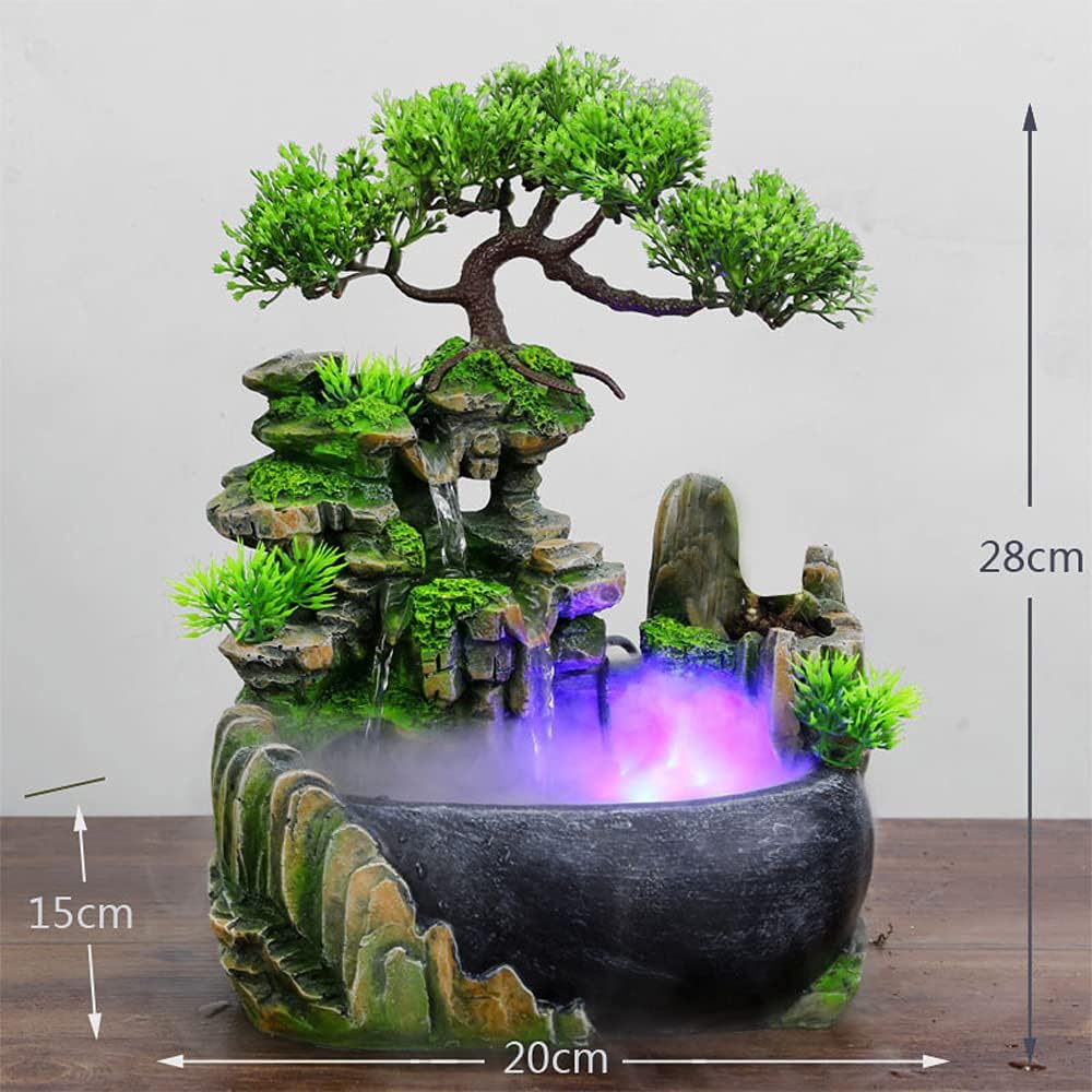 Fuente de agua de mesa, fuente de cascada interior con luces LED coloridas y atomizador, mini rocalla de escritorio, fuente de escritorio de
