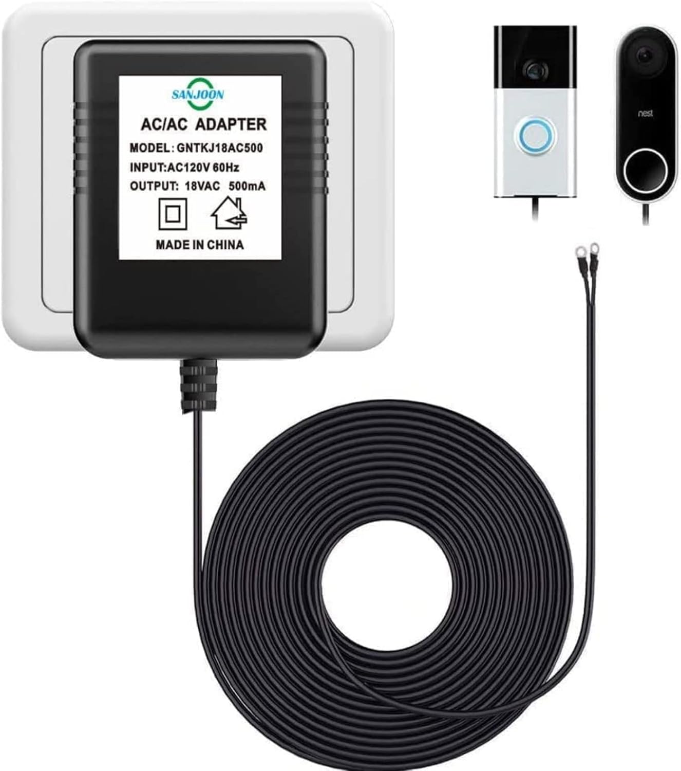 Timbre de puerta de 26 pies Transformador 18V500mA Adaptador de corriente para timbre de video Ring Nest Eufy Wyze Arlo Timbre de puerta inalámbrico