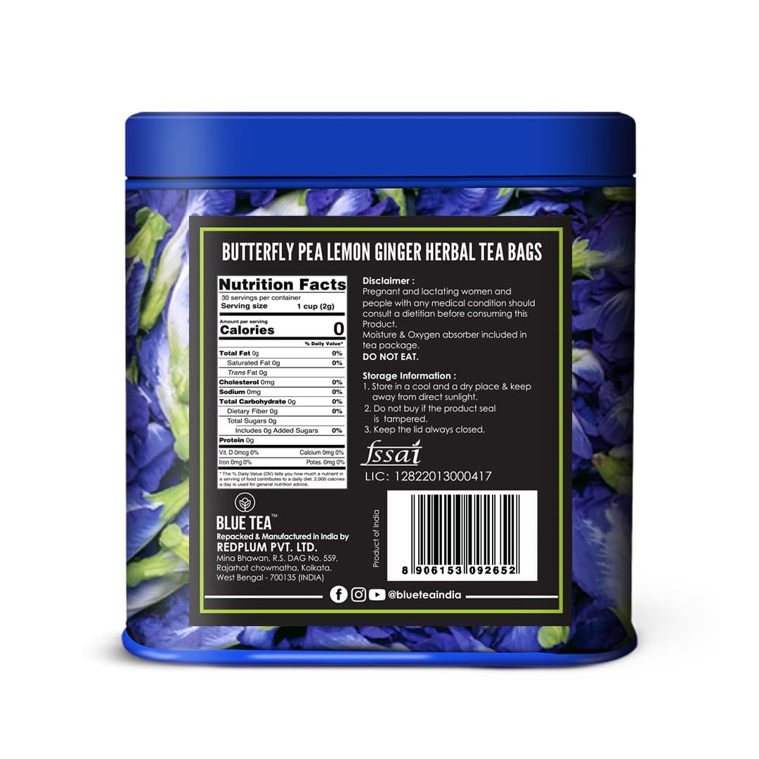 BLUE TEA – Té de hierbas Butterfly Pea Lemon Ginger – 30 bolsas de té  Sin cafeína  Regalos de té de Navidad  Vegano – Sin gluten – Sin OMG