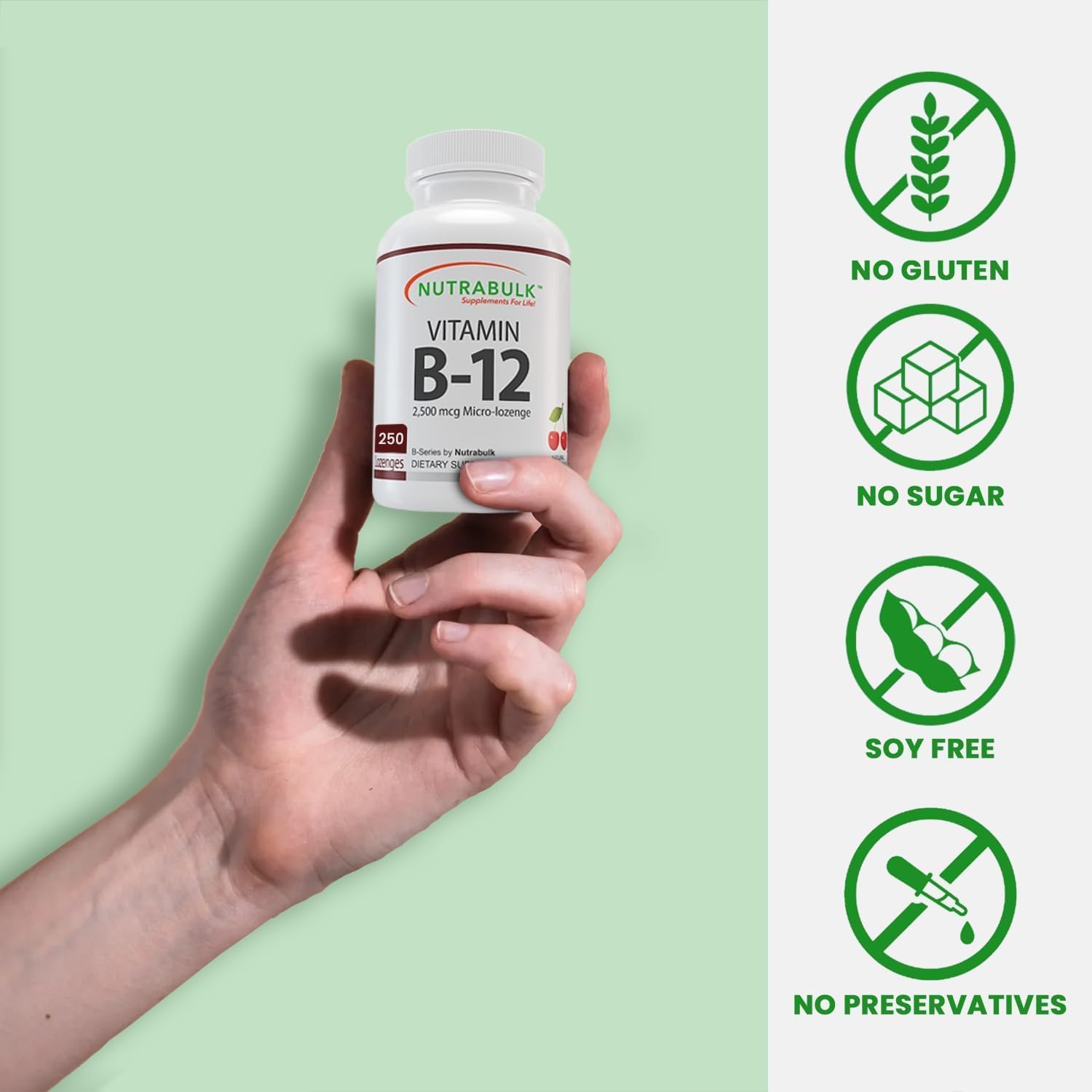 NutraBulk Vitamina B-12 Cápsulas de 2500 mcg Micro-Pastilla  Apoya el bienestar cognitivo y general  Sabor a cereza – Tabletas sublinguales (250