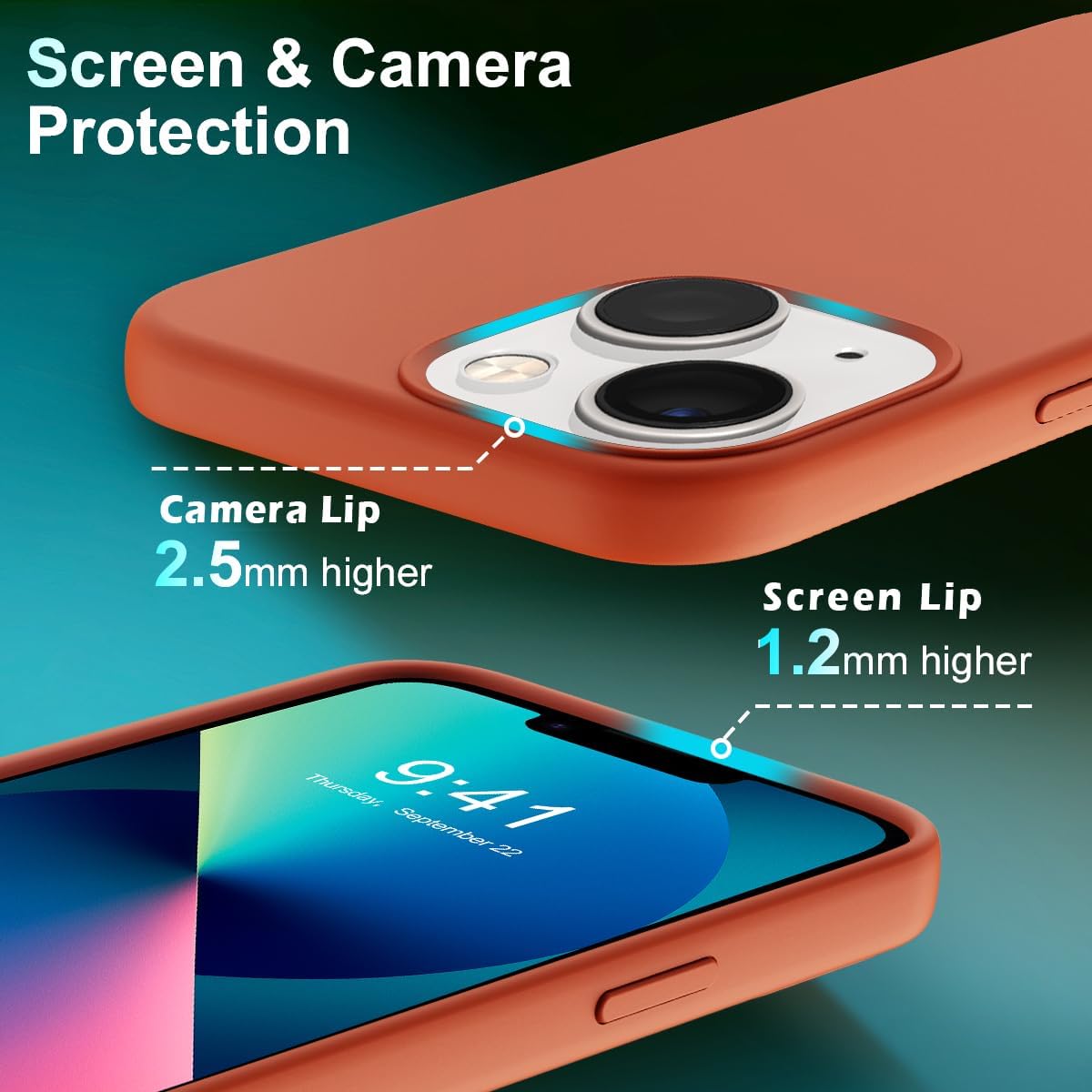YATWIN Funda 5 en 1 diseñada para iPhone 13 con 2 protectores de pantalla + 2 protectores de lente de cámara, silicona líquida, delgada, de goma