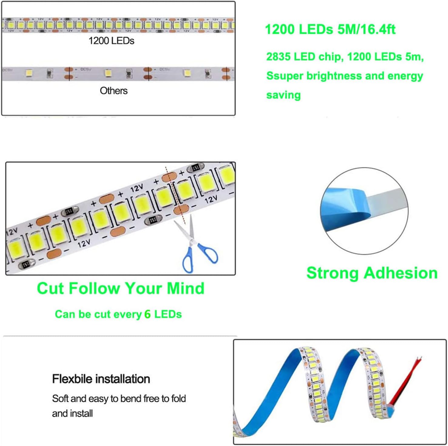 SUYOOULIN Tira de luces LED, DC24V 1200LEDs 16.4 pies SMD 2835 tira LED, 26000LM tiras de luz LED de alta densidad no impermeables IP21, 3 veces