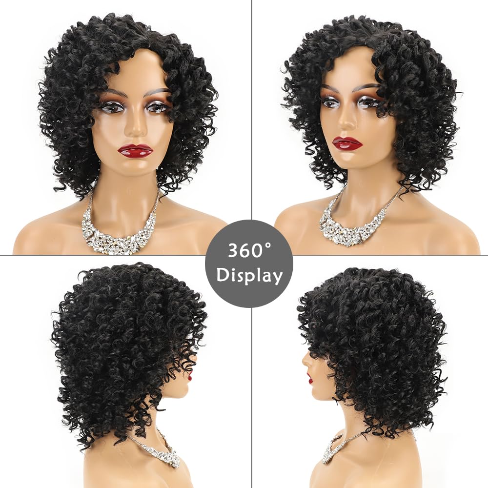 XIUFAXIRUSI XIUFAXIRUSI Pelucas negras cortas y rizadas para mujeres negras, peluca afro rizada con flequillo lateral, peluca de pelo completo