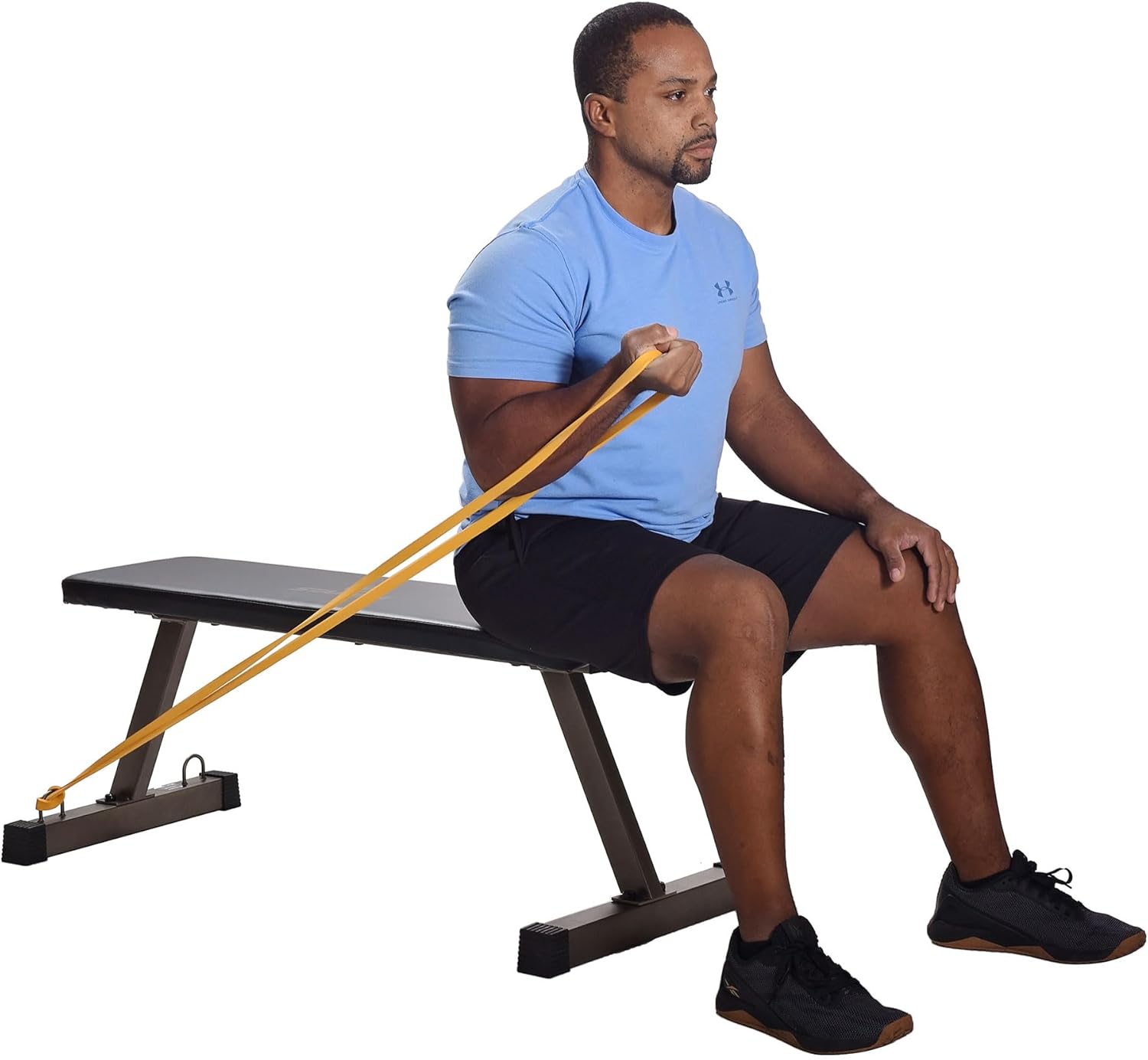 HolaHatha Banco de pesas plano acolchado de espuma compacta portátil de capacidad de 600 libras con marco de acero duradero para ejercicio de cuerpo
