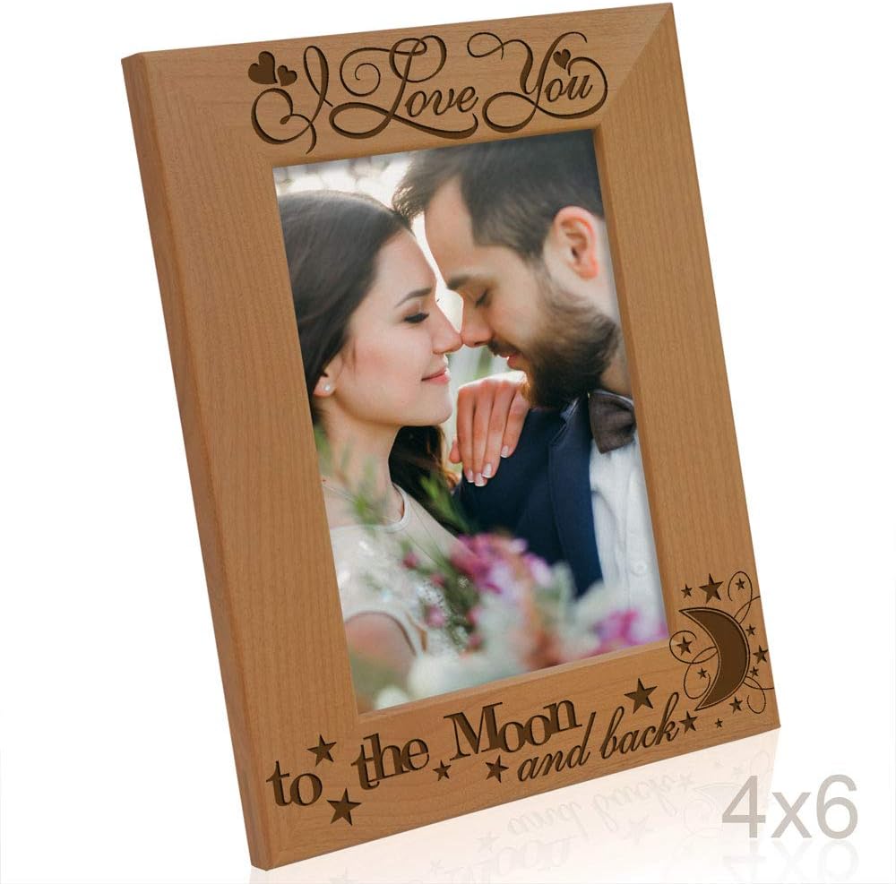KATE POSH Marco de fotos de madera natural grabado con texto en inglés “I Love You to The Moon and Back”, regalos para parejas enamoradas, día de