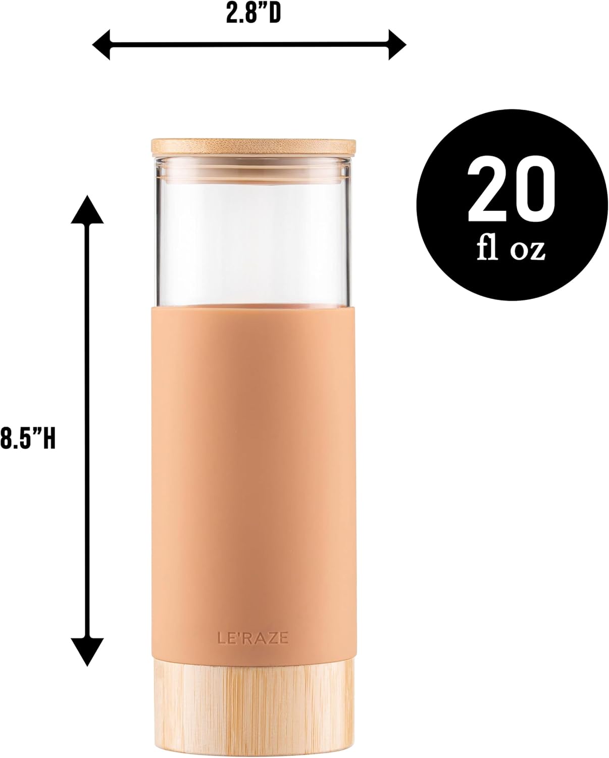 Vaso de vidrio prémium de 20 onzas con popote y tapa de bambú y base con funda protectora de silicona, sin BPA, botella de agua Growler