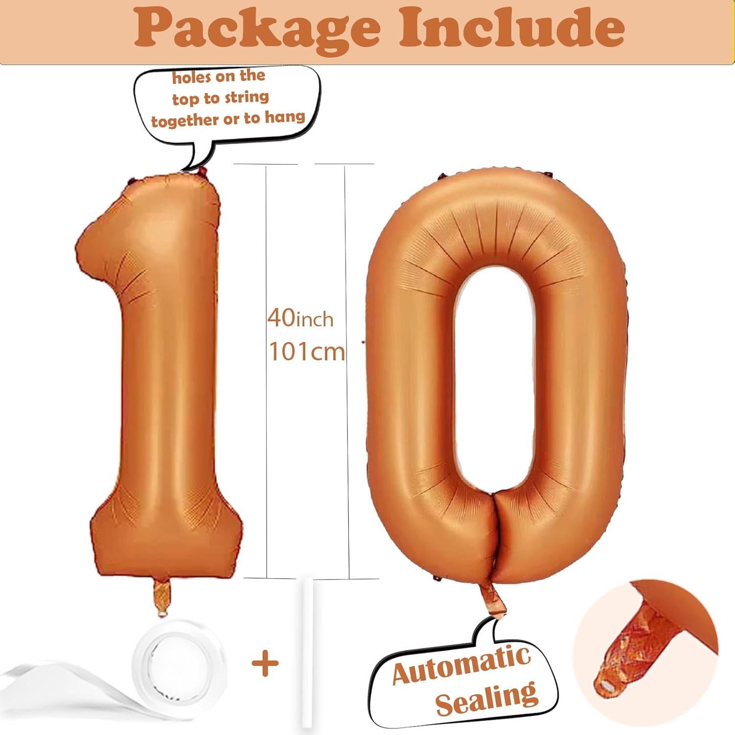 Globo de Mylar de aluminio naranja de 40 pulgadas con el número 10  Decoraciones de cumpleaños 10 para niñas y niños  Globo de cumpleaños 10 para