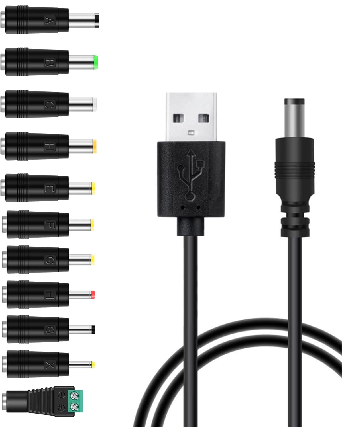 Narpendu Cable de alimentación USB a CC de 5 V, cable de carga universal DC de 0.217 x 0.083 in con 11 puntas de conector intercambiables de 5 pies