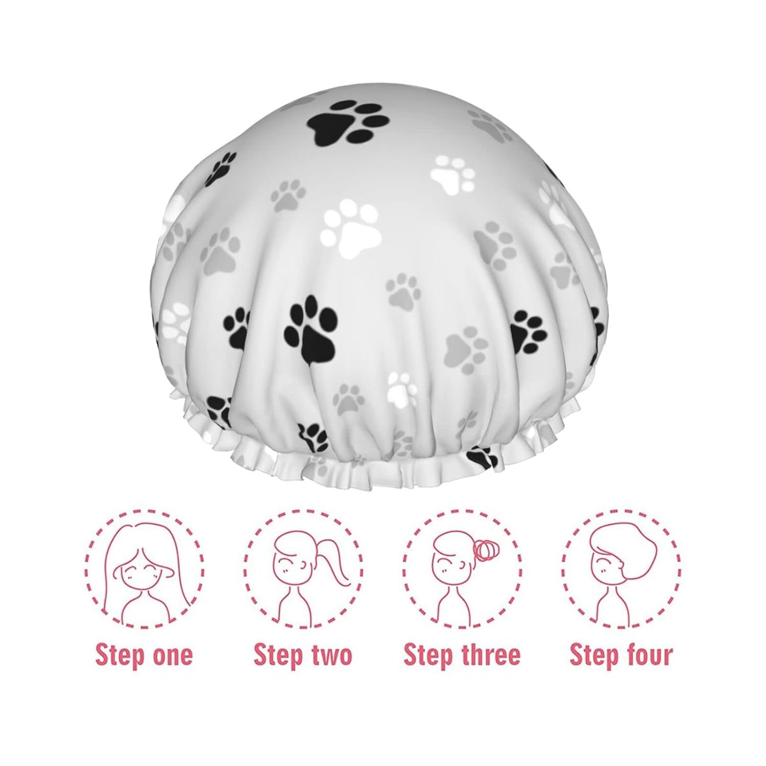 Gorro de ducha reutilizable con estampado de patas de perro para mujer, pelo largo, doble capa impermeable, gorro de ducha para niños, niñas y