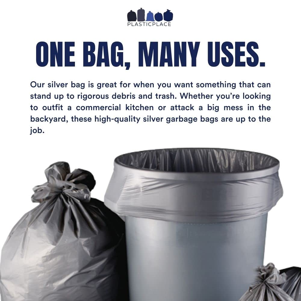 Plasticplace Bolsas de basura de 32-33 galones  1.5 mil  Revestimientos plateados para botes de basura  33 pies x 39 pulgadas (100 unidades)