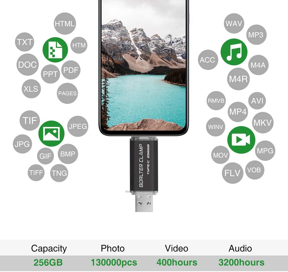 BorlterClamp – Memoria USB C OTG de 256 GB, USB 3.0 tipo C OTG para teléfonos inteligentes Android, Samsung Galaxy S10S9S8Note 9, LG, Google Pixel,