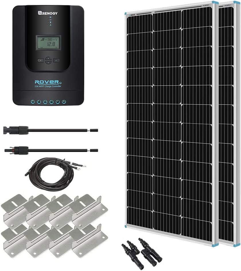 Renogy Panel solar monocristalino de 200 vatios y 12 voltios, controlador de carga MPPT de 20 A, montaje e inversor de onda sinusoidal pura de 2000