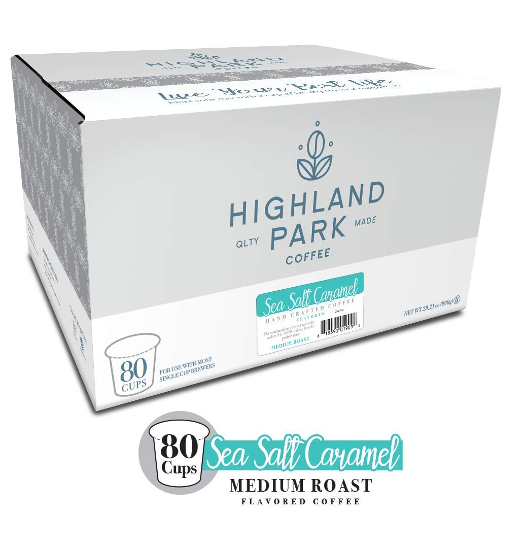 Highland Park Coffee Cápsulas de café de una sola porción compatibles con cafeteras Keurig K Cup, caramelo de sal marina, 80 unidades