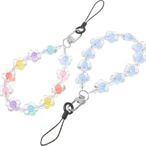 UKCOCO 2 correas de muñeca con cuentas para teléfono, bonitos dijes de flores para teléfono, llavero antipérdida para mujeres y niñas, Acrílico, No UKCOCO 2 correas de muñeca con cuentas para teléfono, bonitos dijes de flores para teléfono, llavero antipérdida para mujeres y niñas, Acrílico, No