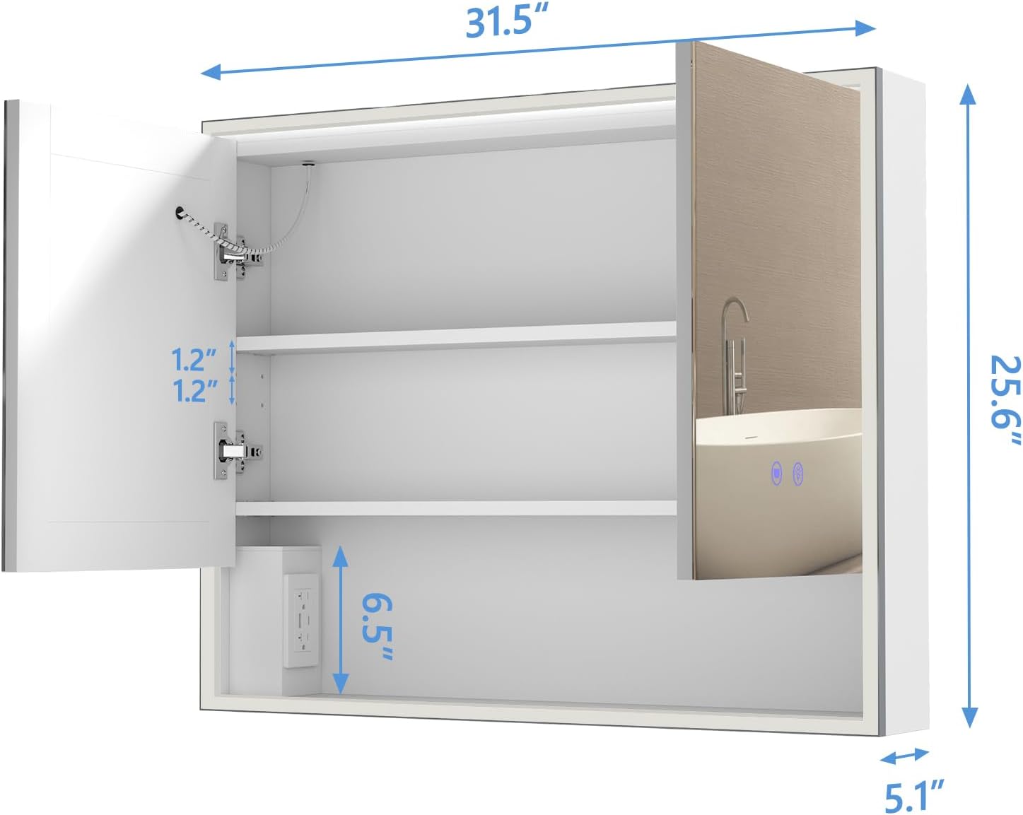 Espejo de botiquín con modo LED de 3 colores de 31.5 x 25.6 pulgadas, gabinete de medicina empotrado o gabinete de medicina de montaje en superficie