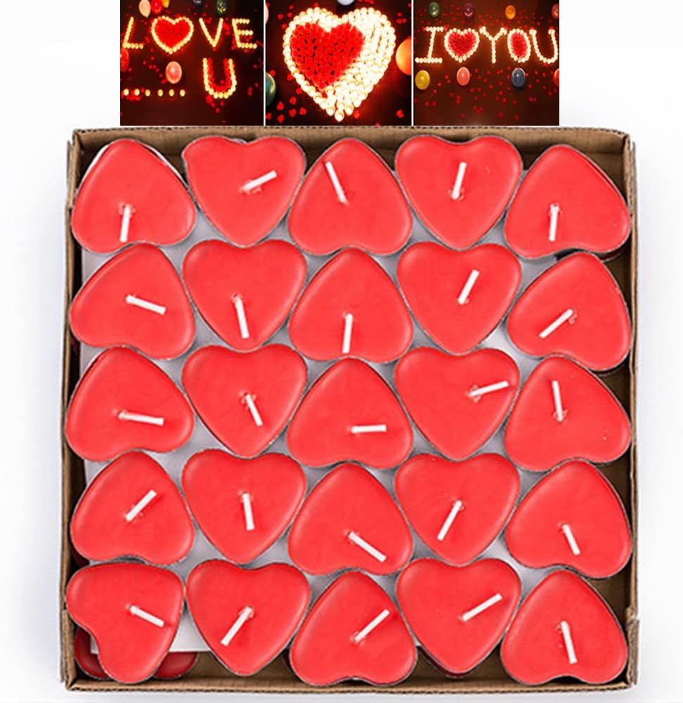 50 velas en forma de corazón, velas rojas sin humo para decoración de cumpleaños, propuestas, bodas, fiestas, día de San Valentín y velas de té de