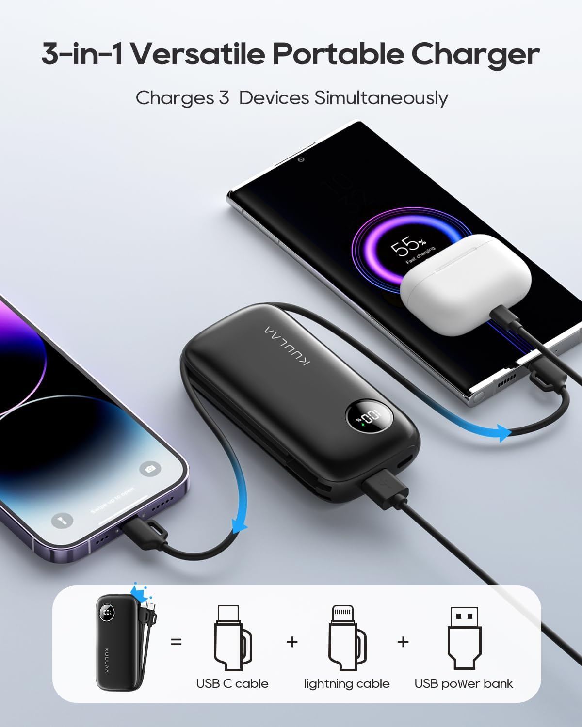 Kuulaa Cargador portátil con cables integrados 10000mAh USB C Power Bank de carga rápida pantalla LCD cargador portátil 3 salidas para iPhone Pixel