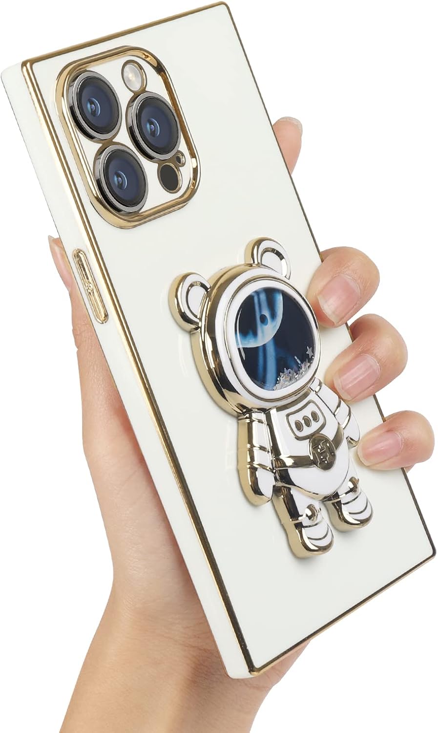 Omio – Funda cuadrada compatible con iPhone 15 Pro Max con soporte oculto de astronauta, funda de lujo chapada en corazón para mujeres y niñas,