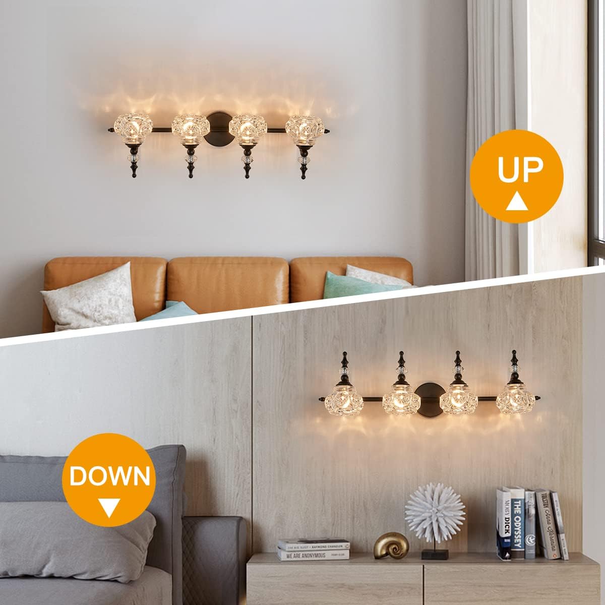 Lámpara de tocador de 4 luces, iluminación de baño, superficie negra pintada con pantalla de cristal grueso, luz de tocador vintage para baño