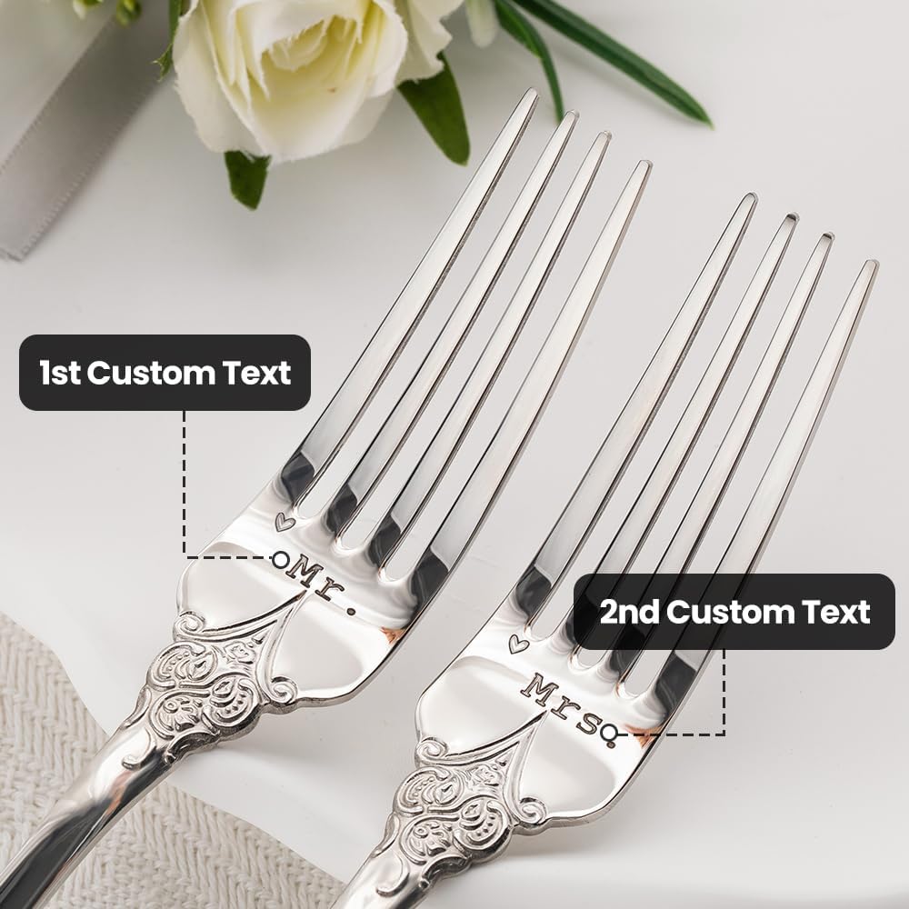callie Juego de 2 tenedores de boda personalizados con fecha grabados con fecha, cubiertos plateados vintage personalizados resistentes para pastel