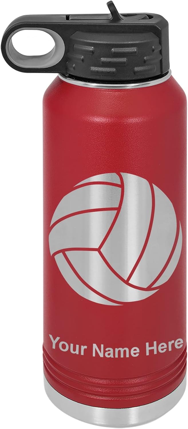 LaserGram Botella de agua de doble pared con tapa abatible de 40 onzas con pajilla, pelota de voleibol, grabado personalizado incluido (granate)