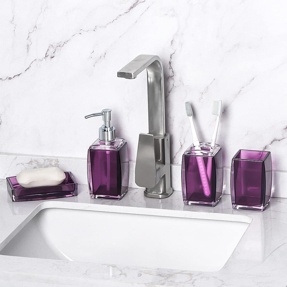 Yueranhu Juego de accesorios de baño morados, juego de regalo de decoración de baño acrílico de 4 piezas, soporte para cepillos de dientes, vaso