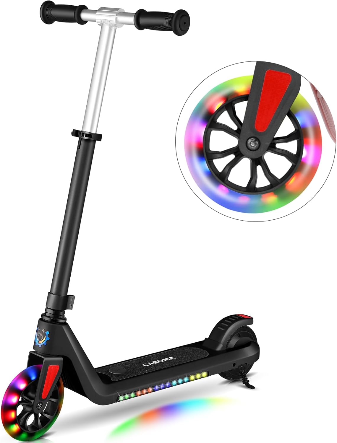 Caroma Scooter eléctrico para niños de 6 a 14 años, motor de 150 W, 10 mph, 80 minutos de tiempo de conducción, velocidad y altura ajustables, luces