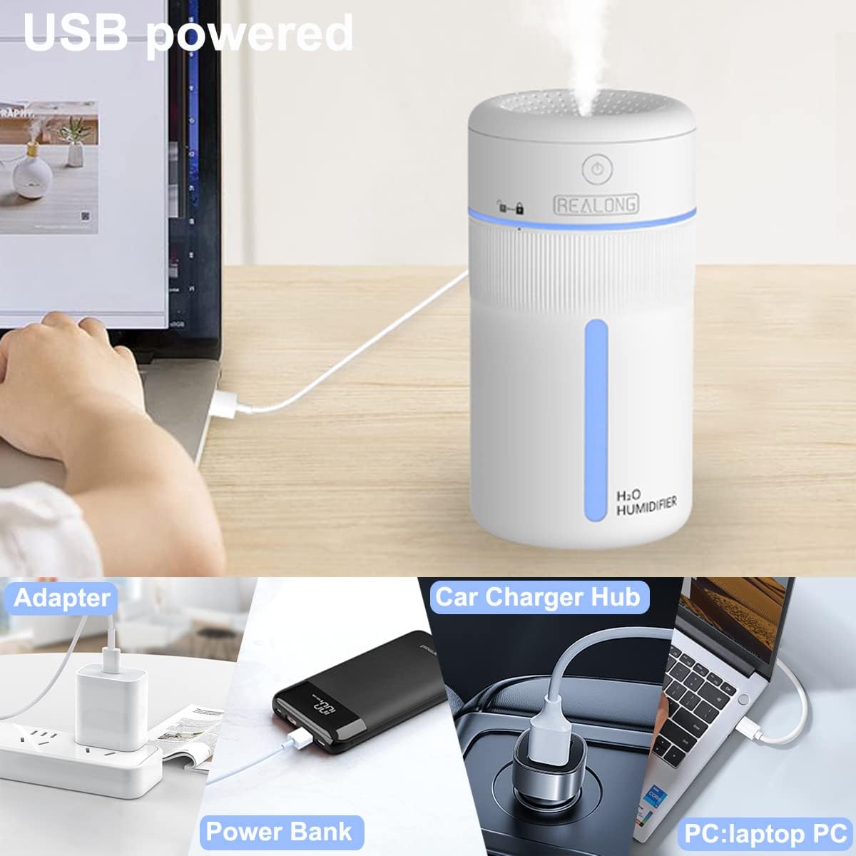 Humidificadores pequeños para dormitorio, mini humidificador de niebla fría de 13.5 fl oz, humidificadores portátiles de escritorio personal blanco