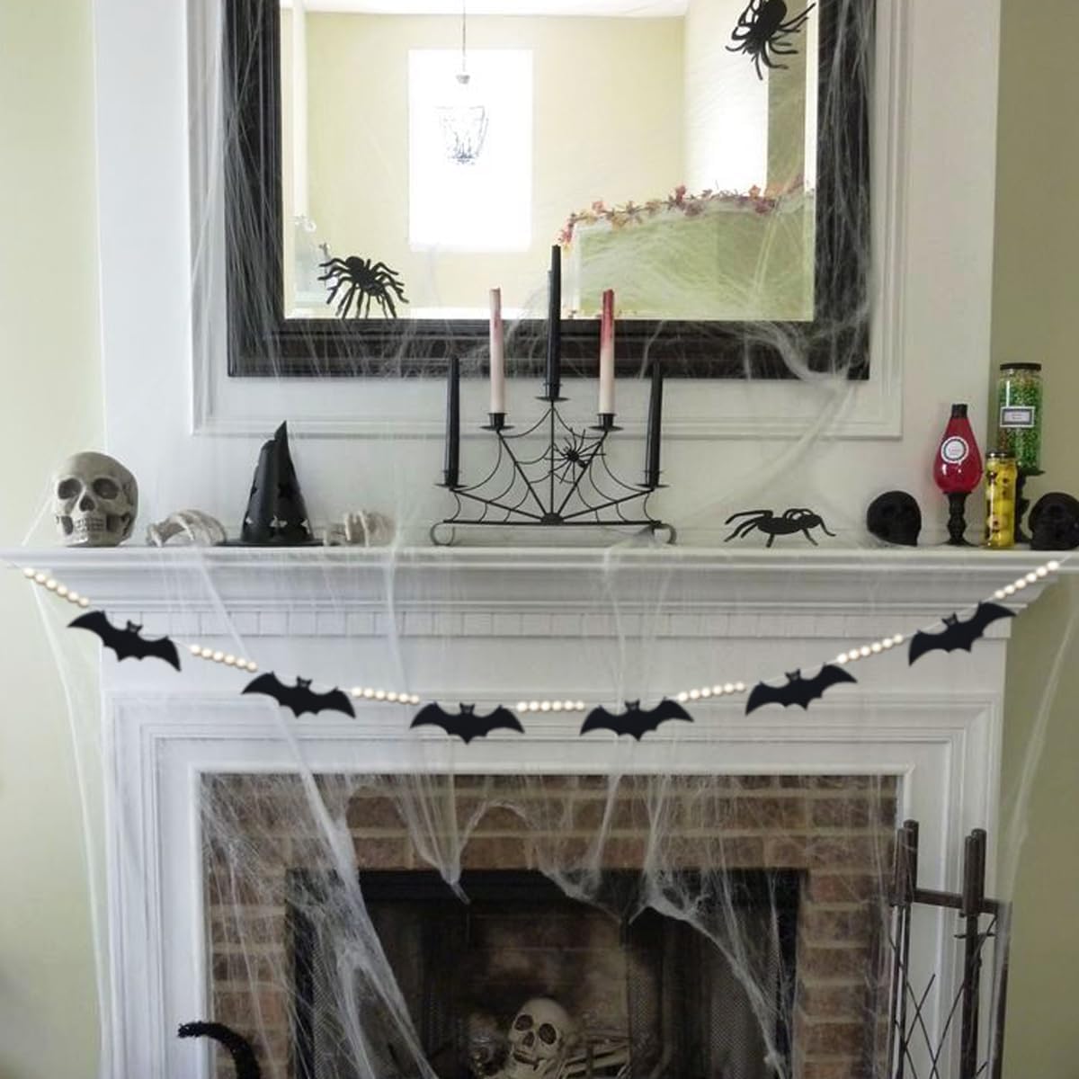 Guirnalda de murciélagos para decoración de Halloween para interiores y exteriores, cuentas de fieltro, murciélagos de madera, guirnalda de cuentas