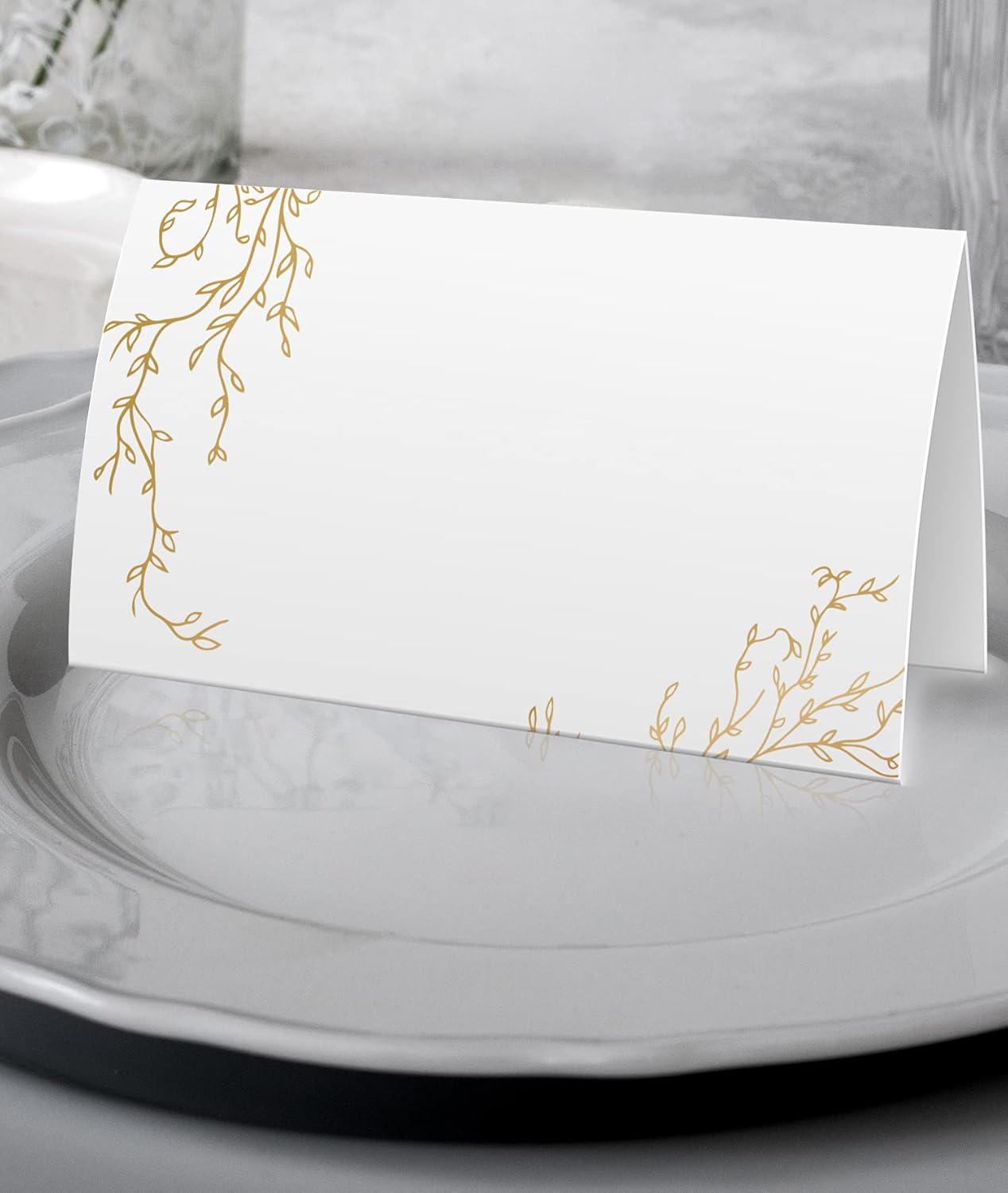 Etiquetas de tienda de campaña de comida Golden Leaf (paquete de 25) – Tarjetas de lugar para bodas, tarjetas de mesa – Perfecto para tarjetas de