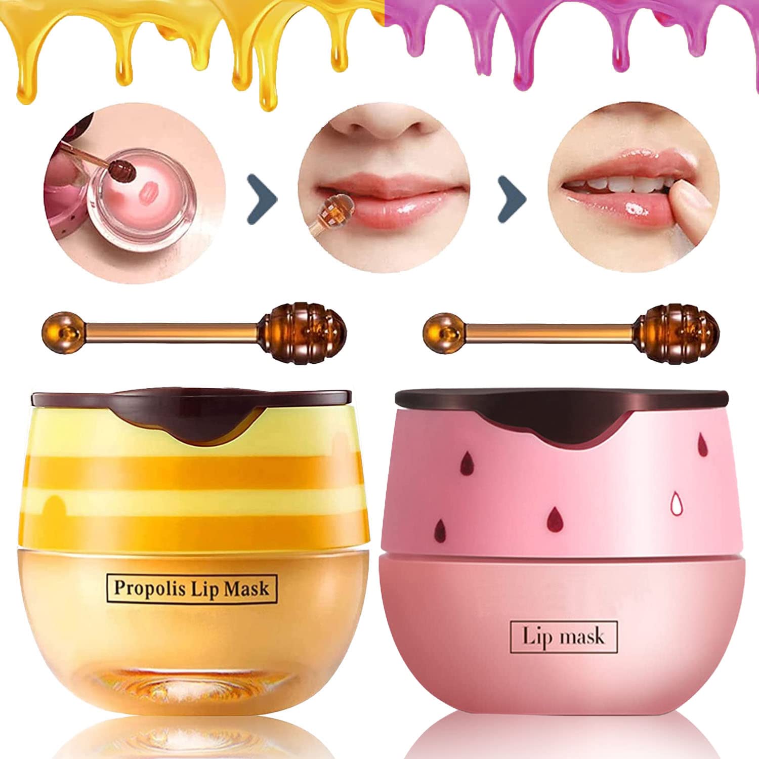 Bálsamo labial de abeja Honey Pot, 2 máscaras labiales de fresa y miel, prevención hidratante, exfoliante labial seco y agrietado, máscara de sueño