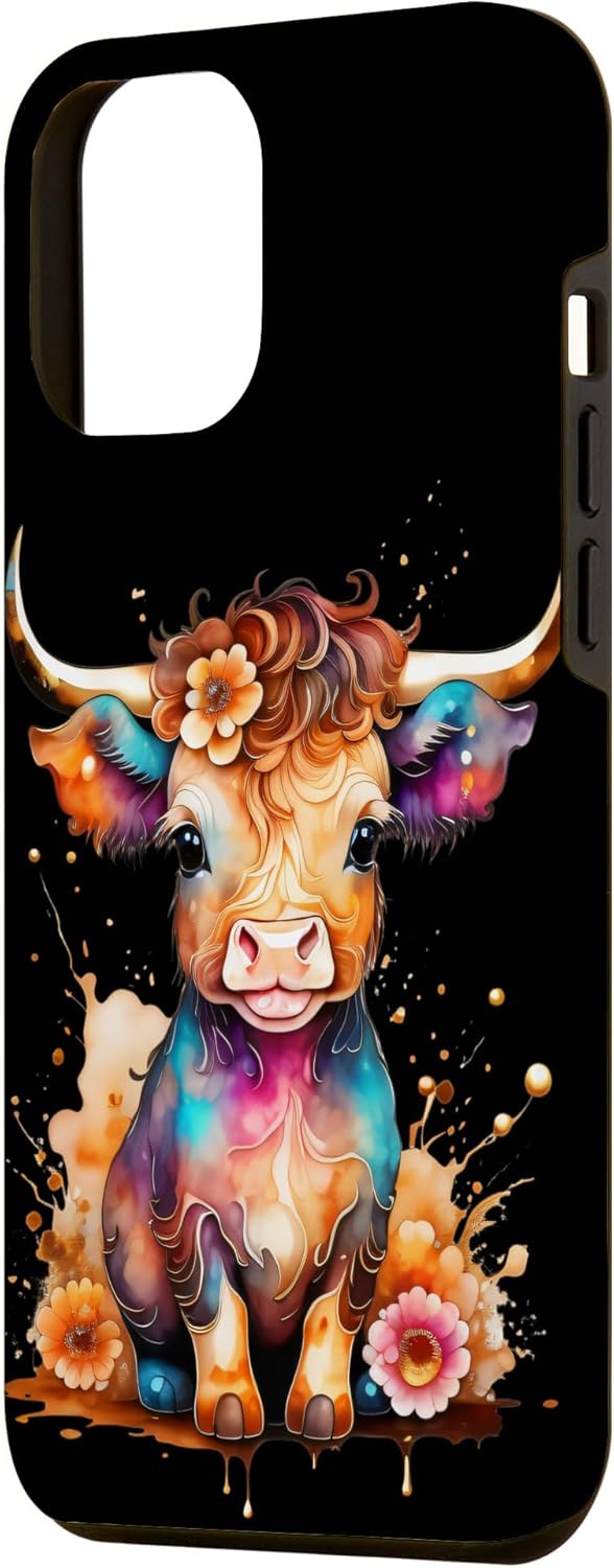 Funda retro para iPhone 13 Pro Max con diseño de vaca de acuarela para bebé, diseño de vaca escocesa
