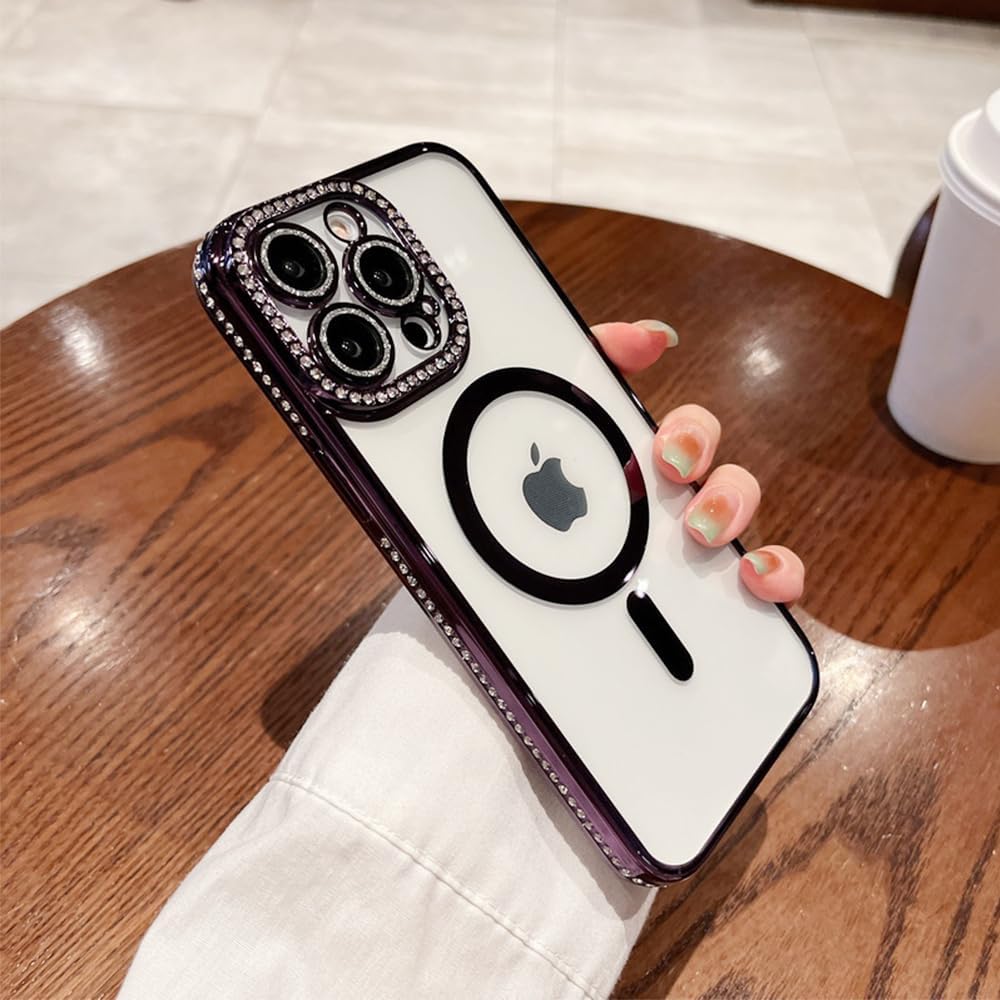 Fycyko Funda magnética para iPhone 13 Pro, protección completa de lente de cámara compatibilidad con MagSafe diamantes de imitación transparentes a