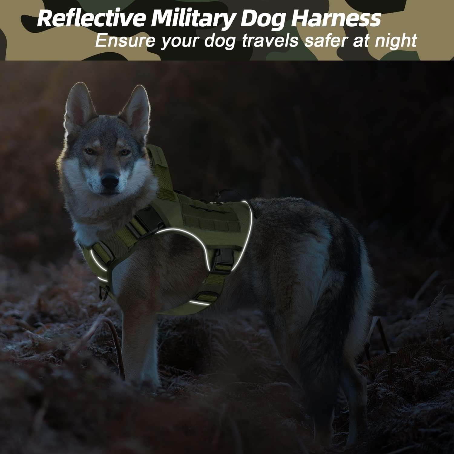 WINGOIN Arnés táctico verde con asa para perros grandes, antitirones, ajustable, reflectante, K9, chaleco militar con asa de fácil control y par de