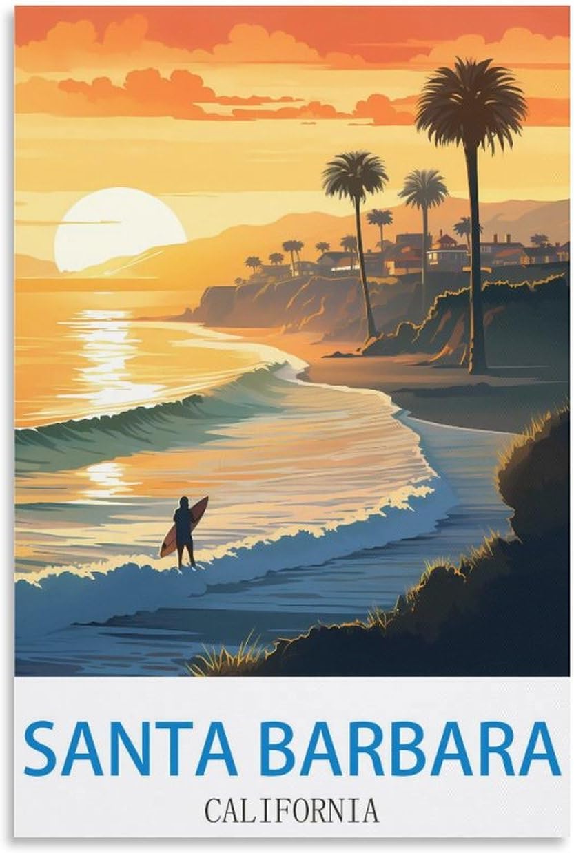 Pósteres de viaje vintage de Santa Bárbara California para surf, 08 x 12 pulgadas, pintura en lienzo, arte de pared, decoración de pared,