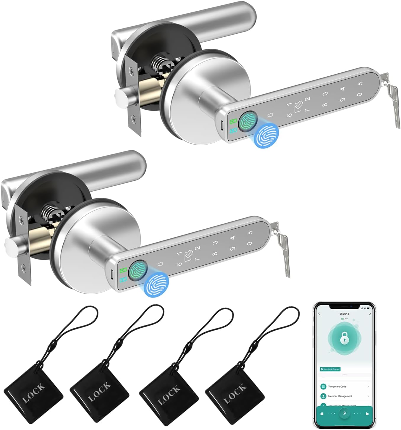 Cerradura de puerta de huellas dactilares, perilla de puerta inteligente 5 en 1 con aplicación inteligente, huella dactilar, tarjetas