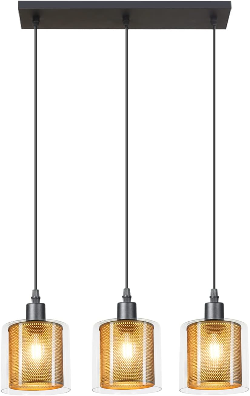Hurrah Iluminación colgante industrial de 3 luces, lámparas colgantes ajustables, pantallas de vidrio, lámpara colgante vintage para casa de campo,