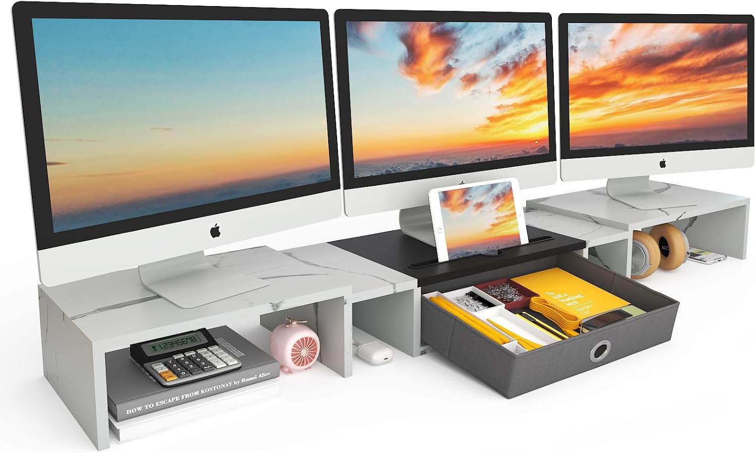 WESTREE Soporte elevador triple para monitor doble con cajón, extra grande ajustable para 2  3 monitores, solt para teléfono y tableta, soporte