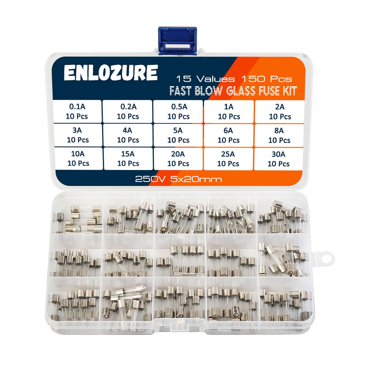 150 piezas de 15 valores de tubo de vidrio de soplado rápido Kit surtido 250V 0.197×0.787 in 0.1A, 0.2A, 0.5A, 1A, 2A, 3A, 4A, 5A, 6A, 8A, 10A, 15A,