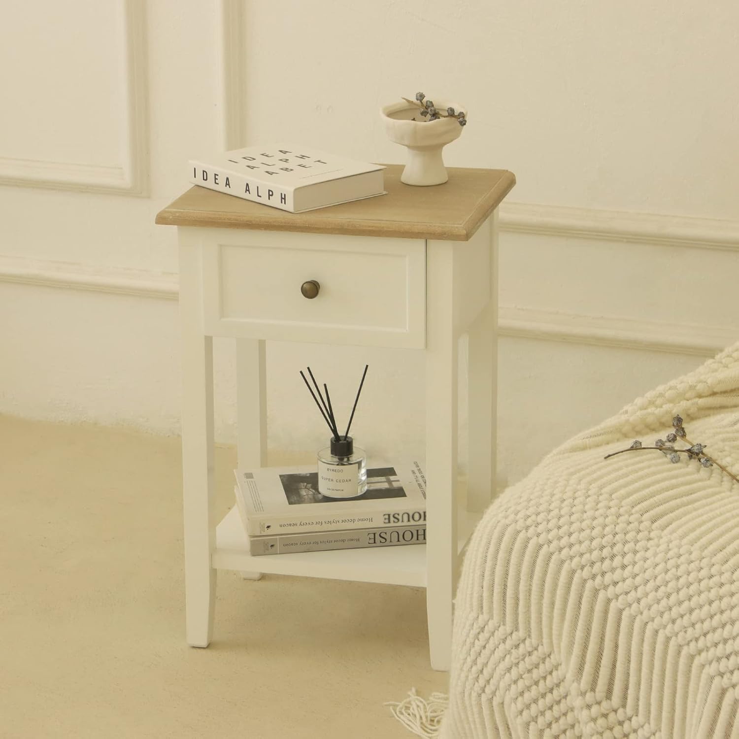 MaxSmeo Mesita de noche de granja, mesita de noche blanca con almacenamiento, mesita de noche moderna de madera, mesas auxiliares para sala de