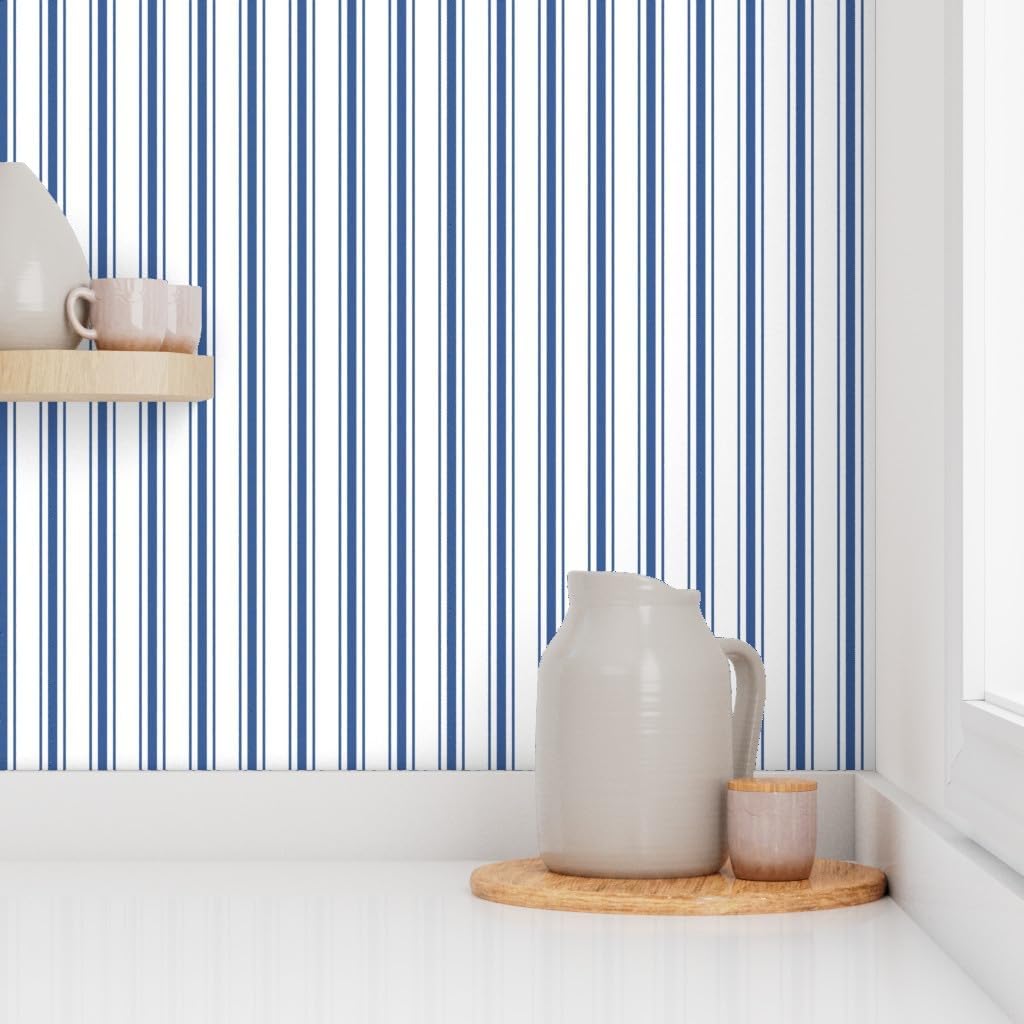 Spoonflower Removable Wallpaper 3ft x 2ft – French Ticking Stripes Striped Pattern Dark Blue White Farmhouse Custom Pre-Pasted Wallpaper